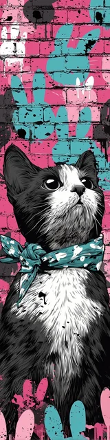 Cat bookmarks featuring a pink and blue brick wall with black and white cat